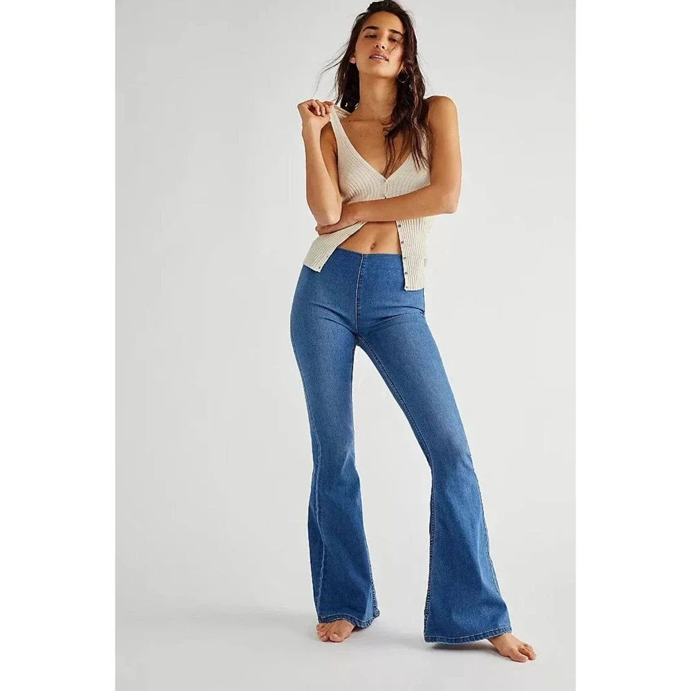 Free People Penny Pull On‎ Flare Jeans Medium Wash Blue High Rise Bell Bottom 27 - Picture 13 of 13